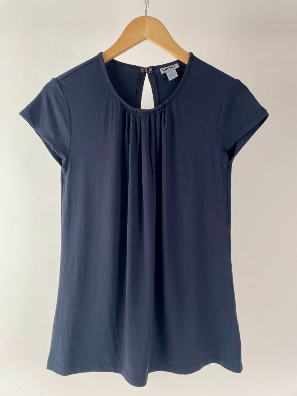 DKNY Black Short Sleeve Tee With Pleated Neckline, Size XS